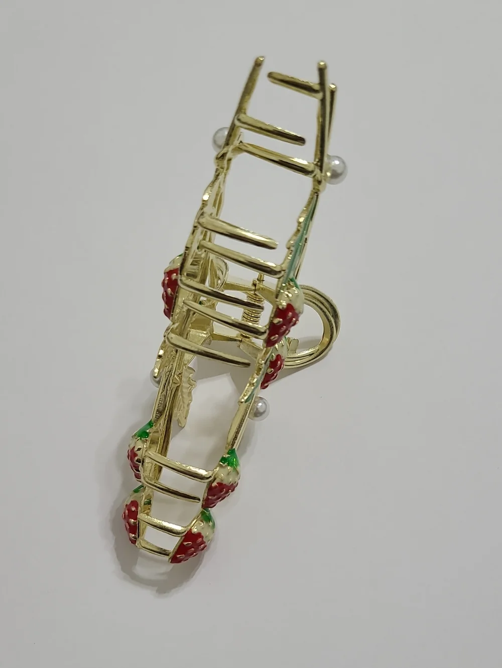 Gold-tone Strawberry Leaf Hair Claw Clip with Red & Green Enamel NWOT